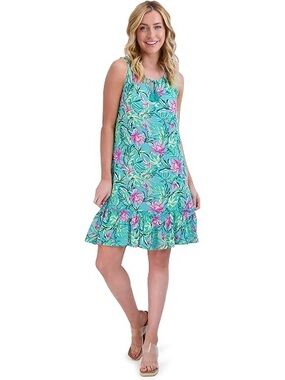 Stella Parker Swim Cover-Up Dress Women's Size Large Aqua Floral V-Neck Tassels